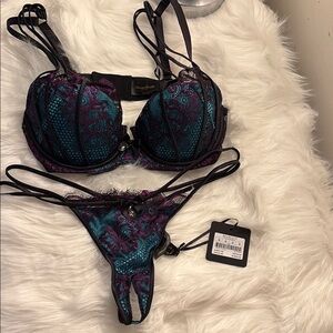 Honey Birdette  Black and Blue Lace Bra with Underwire Support